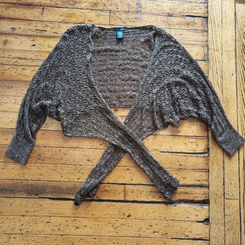 Mixit Knit Long Tail Cropped Cardigan Brown and Metallic Gold Size Medium